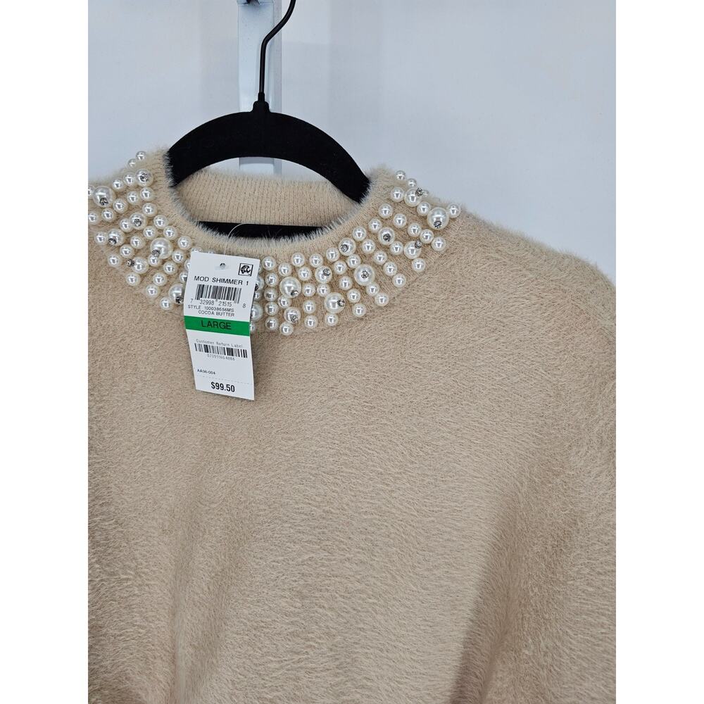 Alfani Womens Sz L Half Sleeve Mock Neck Sweater Shimmer Fuzzy Beaded Beige NEW - Picture 2 of 5